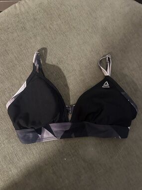 Reebok Black & Gray Geometric-Trim Bikini Top